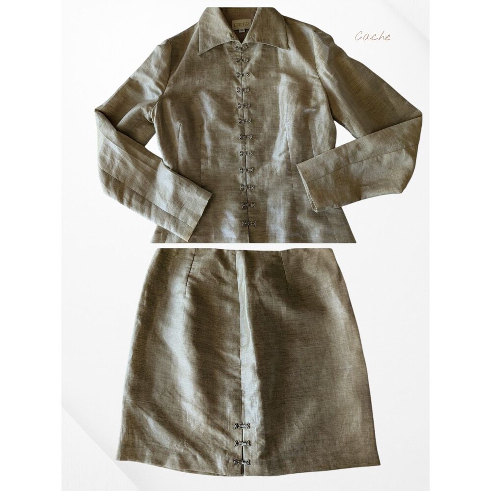 Cache 2 Piece Linen Blend Skirt Suit Beige Hook Closure Jacket Set 10